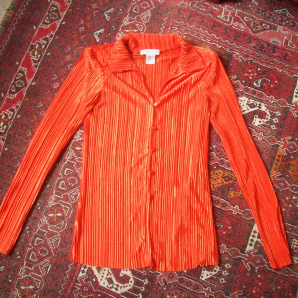 Rachel Zoe Orange Satin Long Sleeve Button Down Pleated Blouse - Size Small fit